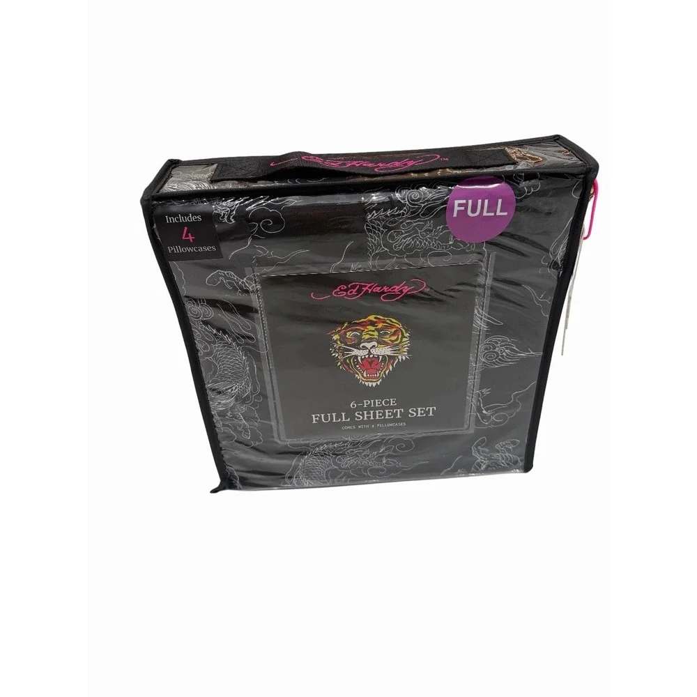Ed Hardy Full Sheet Set 6 Piece Black Dragon Tiger Graphic Bedding New
